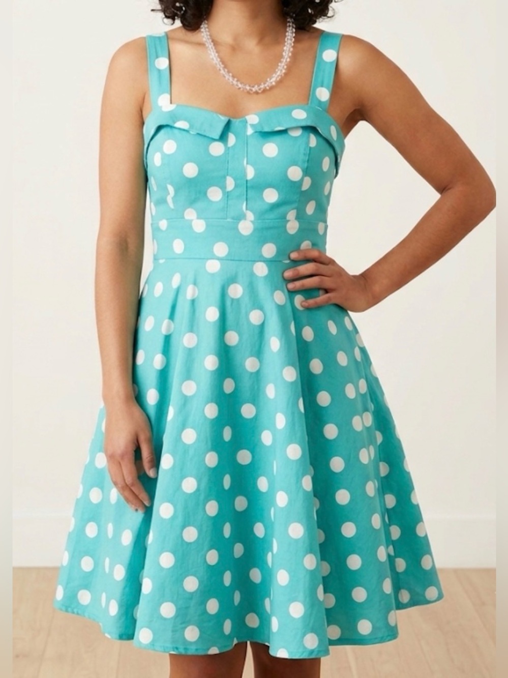 Turquoise Polka Dot Midi Dress with Sweetheart Bodice